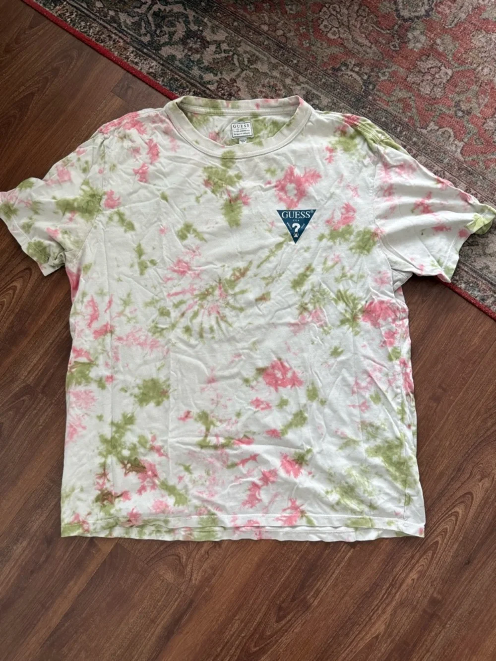 GUESS White Tee with Pink & Olive Green Tie-Dye Accents - Picture 1 of 4